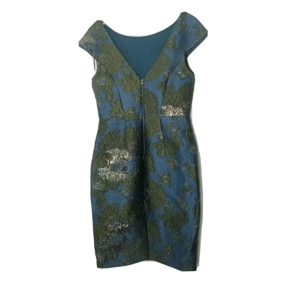 Vera Wang Brocade Dress Women Size 6 Dark Teal Green Metallic V-cut Back Lined - Picture 5 of 16